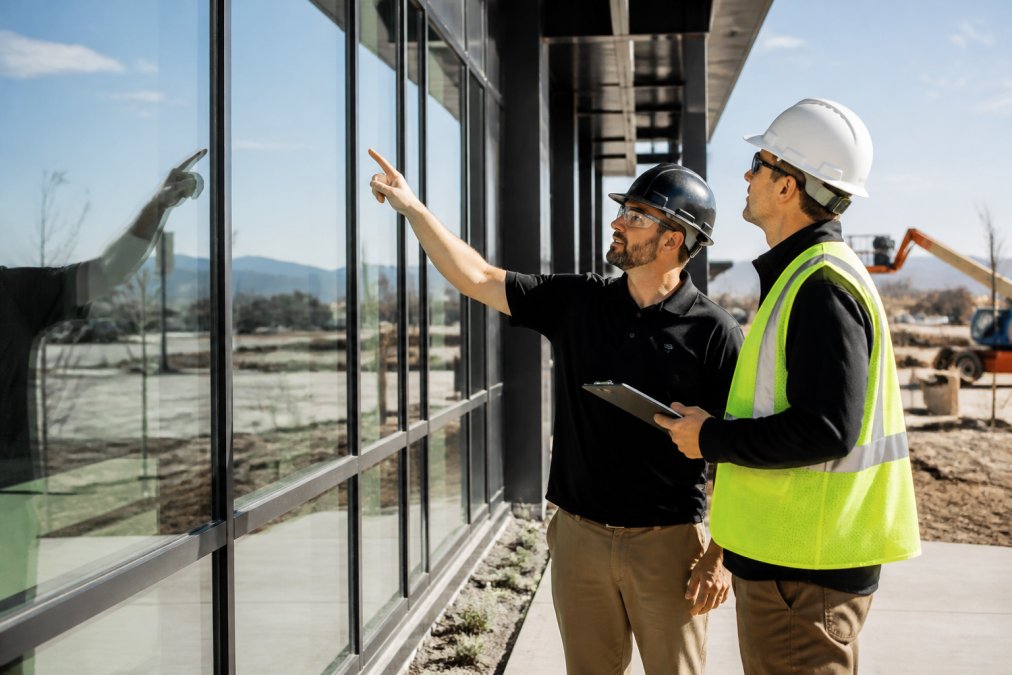 Facilities manager and window cleaning technician inspecting freshly cleaned industrial building glass exterior for clarity and quality, with bright natural light highlighting the transparent results
