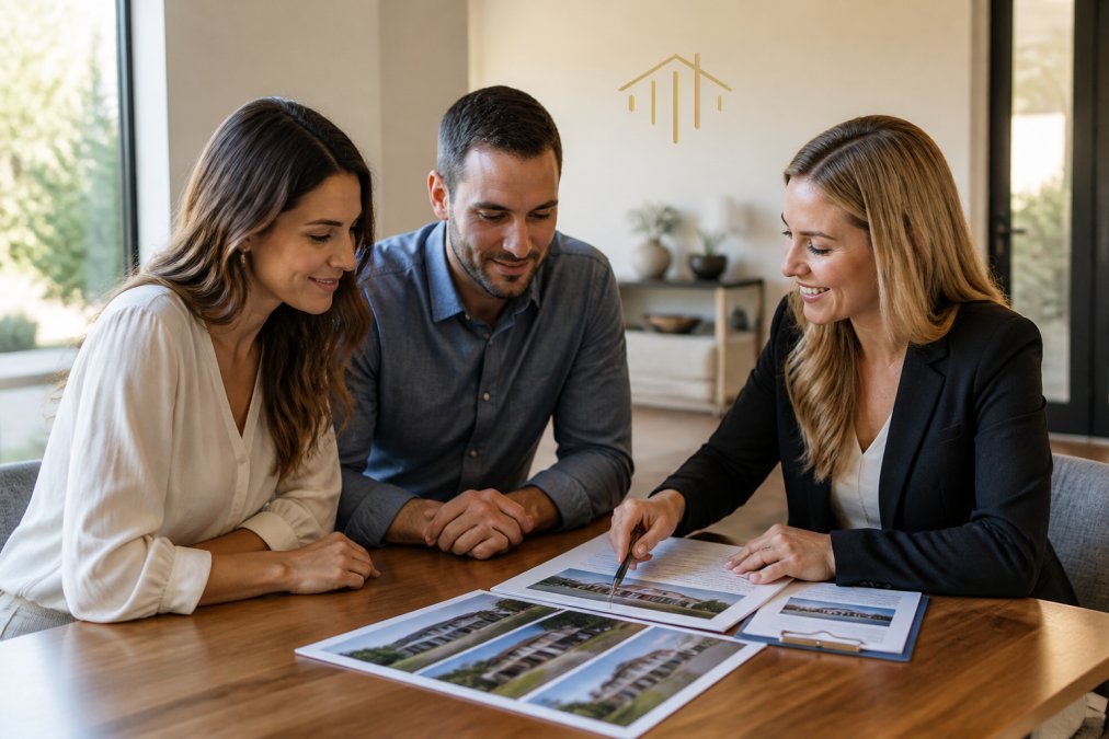 Professional real estate agent meeting with a couple in a bright, modern home office, reviewing property documents and discussing market conditions