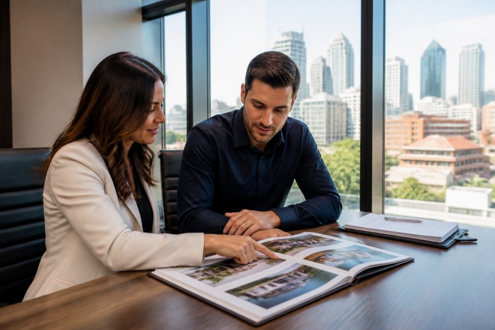 Real estate expert and client reviewing residential investment property data in a bright Nashville office