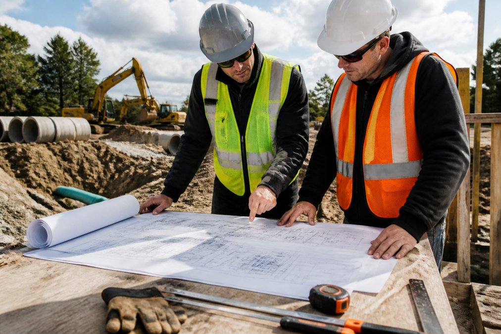 Municipal project manager and construction contractor reviewing detailed site blueprints and specifications at outdoor job site office with equipment visible in background, natural daylight