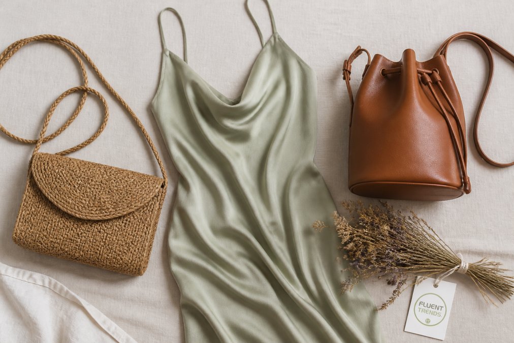 A flat-lay photograph of sustainable fashion accessories, a silk slipdress, a woven crossbody bag, and a leather bucket bag arranged on a linen surface with dried flowers and a certification tag visible