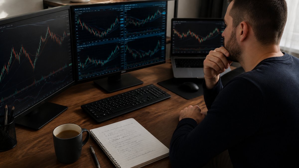 A focused trader at a home desk with multiple monitors showing candlestick charts, a notebook with handwritten trade rules, and a coffee cup nearby