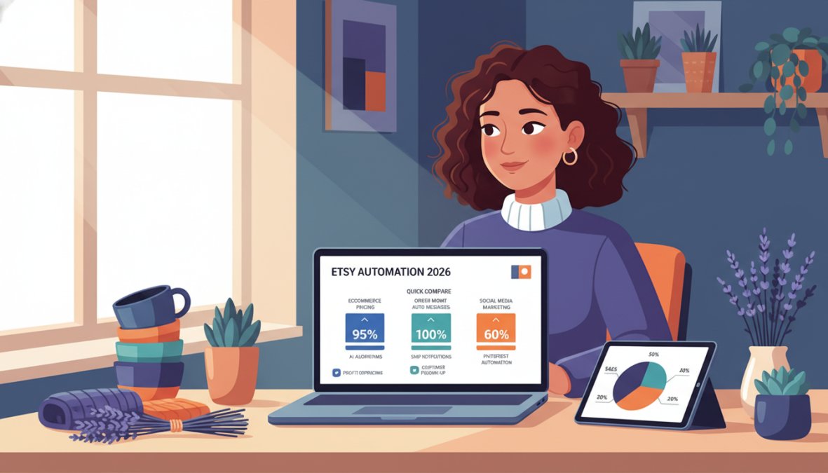 An Etsy seller sitting at a tidy wooden desk with a laptop open showing a colorful shop analytics dashboard, surrounded by handmade ceramic products and small shipping boxes, warm natural light coming through a nearby window