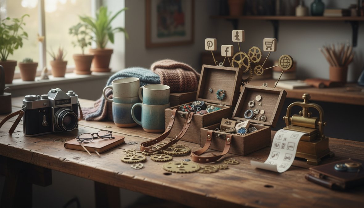 Close-up of a person's hands holding a smartphone displaying a social media feed with handmade product listings, a laptop with an Etsy shop dashboard open in the soft background on a warm wooden desk, natural window light