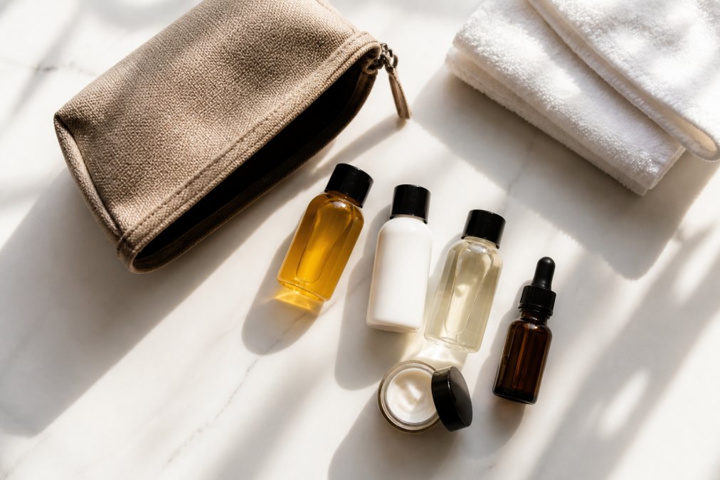 Flat lay of travel-sized personal care items including mini shampoo bottles, a small moisturizer jar, a serum dropper, and a compact toiletry bag on a clean white surface with natural lighting