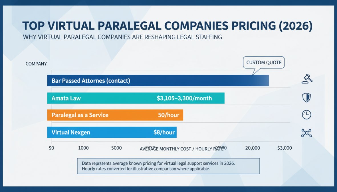 Bar chart comparing known pricing across top virtual paralegal companies: Bar Passed Attorneys (contact), Amata Law $3,105-$3,300/month, Paralegal as a Service $50/hour, Virtual Nexgen $8/hour