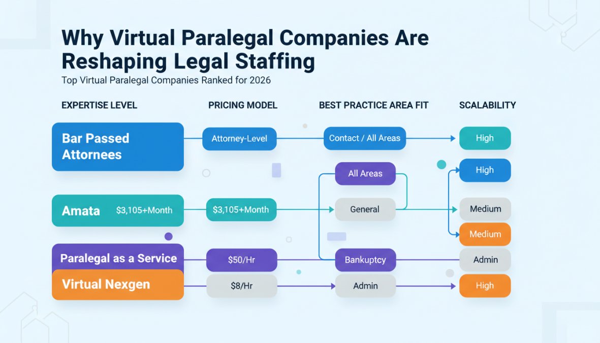 Decision matrix comparing virtual paralegal companies across 4 criteria: expertise level, pricing model, best practice area fit, and scalability - showing Bar Passed Attorneys (attorney-level/contact/all areas/high), Amata ($3,105+/month/general/medium), Paralegal as a Service ($50/hr/bankruptcy/medium), Virtual Nexgen ($8/hr/admin/high)