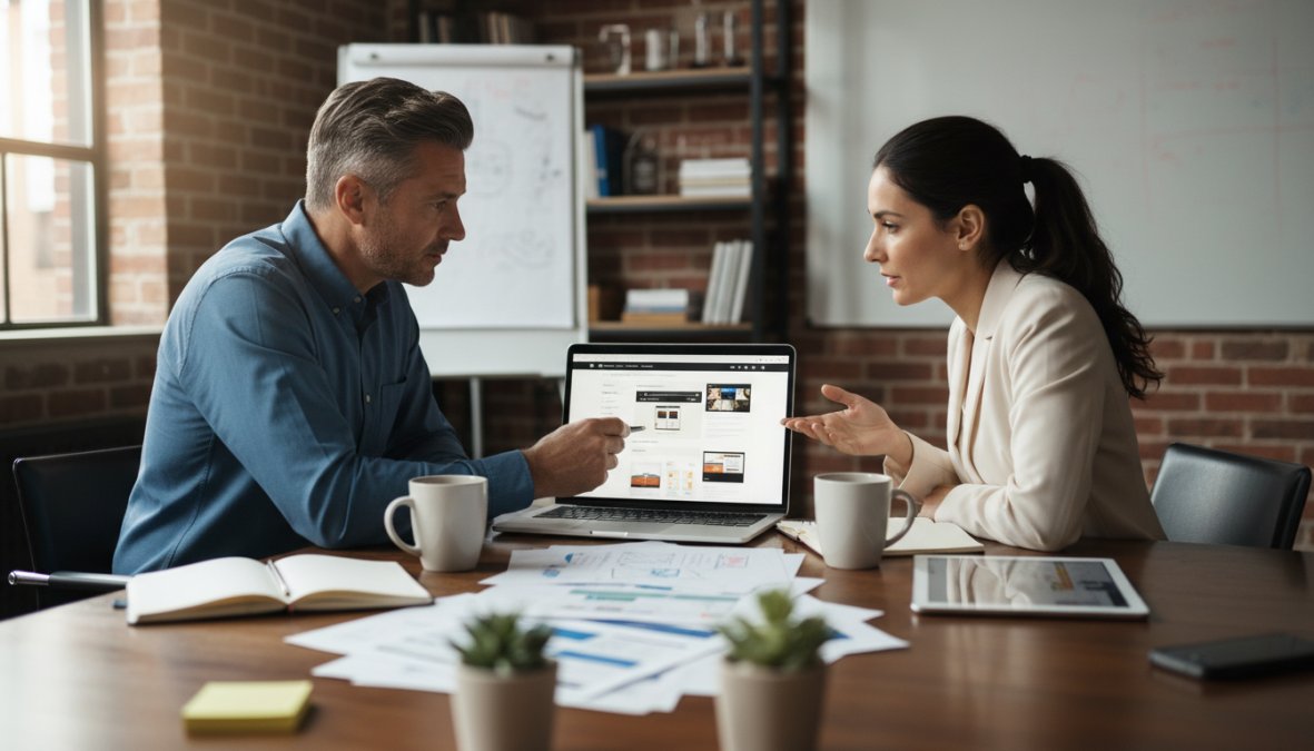 A business owner and a web agency consultant reviewing a project proposal together on a laptop at a bright, contemporary meeting table, natural daylight from large windows, professional casual attire