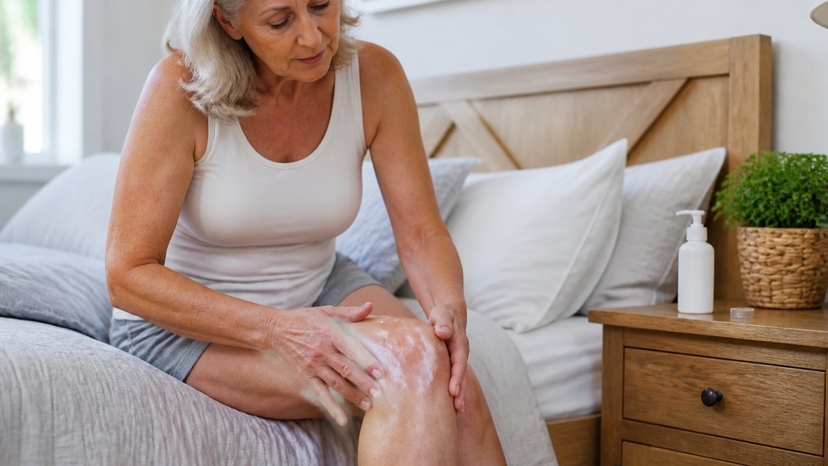 Close-up of a woman in her sixties applying lotion to her knee while sitting on the edge of a bed in a bright bedroom, lotion bottle visible on the nightstand
