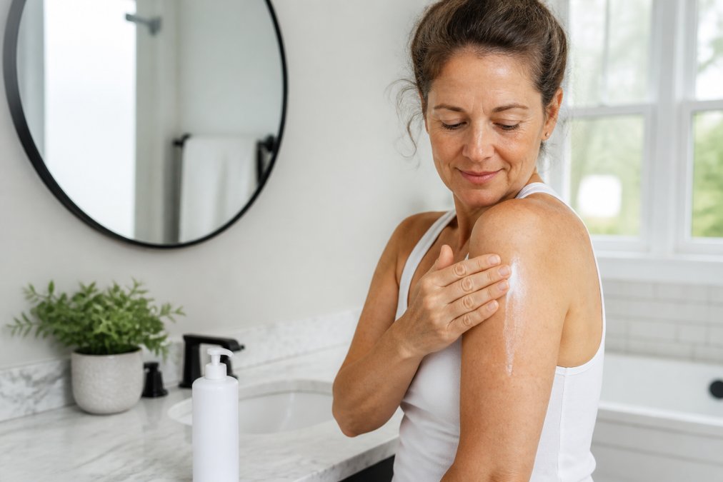 A person applying magnesium cream to their shoulder and upper arm in a bright bathroom, with the product bottle visible on the counter