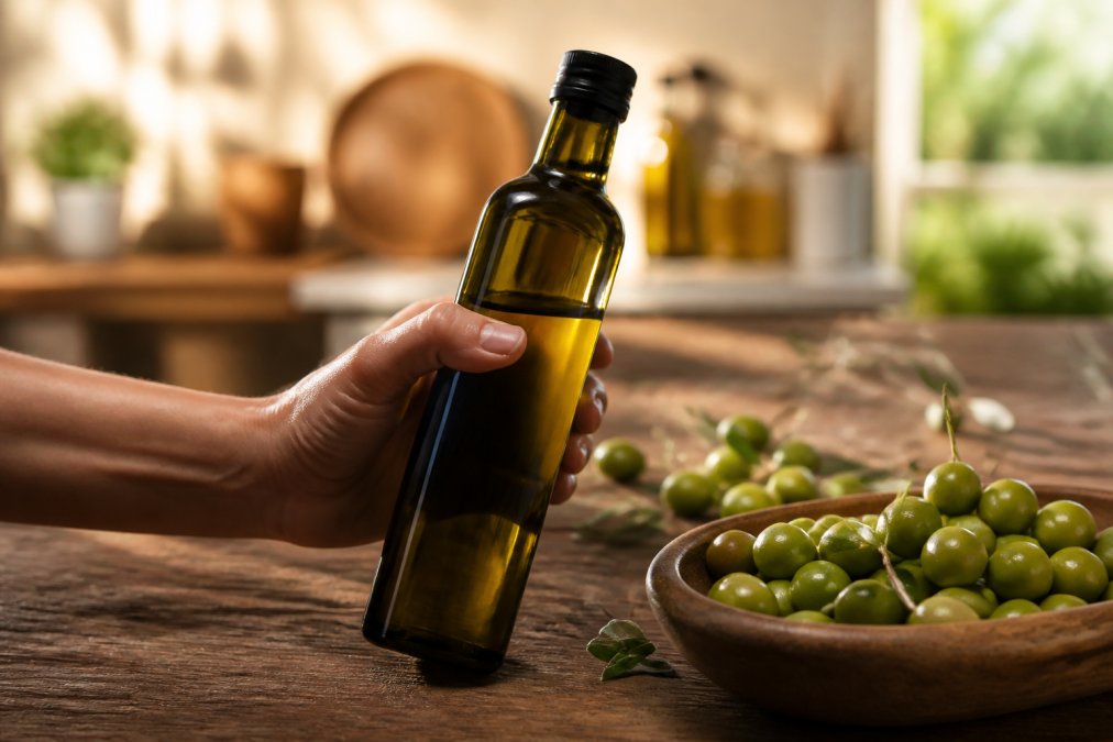 Close-up van een hand die een glazen fles Doleon olijfolie vasthoudt boven een houten tafel met verse groene olijven, zachte warme keukenverlichting op de achtergrond