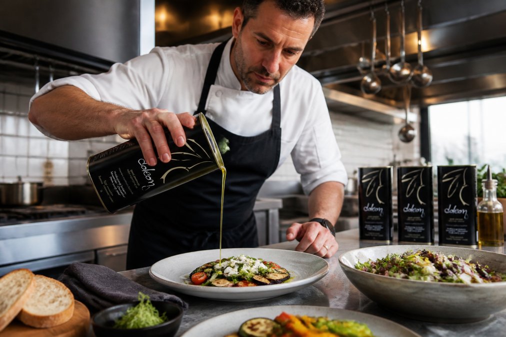 Professionele keuken met chef die olijfolie voorzichtig over een gerecht drizzelt, met meerdere flessen olijfolie zichtbaar in de achtergrond op een werkblad met onder andere salade en gegrilde groenten