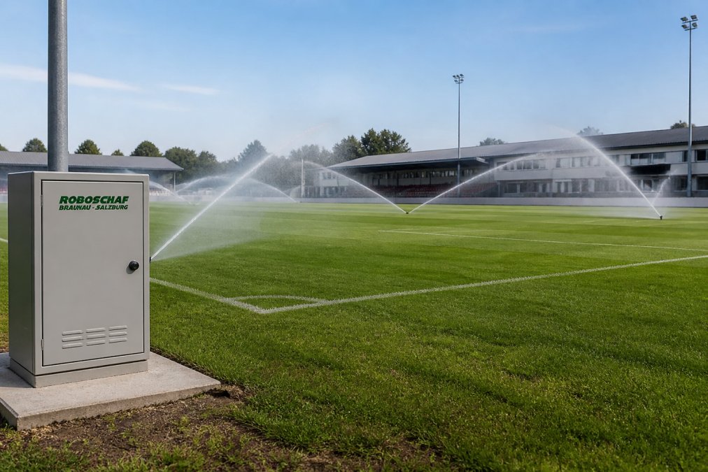 Versenkregner von Toro Bewässerungssysteme bewässern gleichmäßig einen Sportplatz mit Steuergerät am Rand.