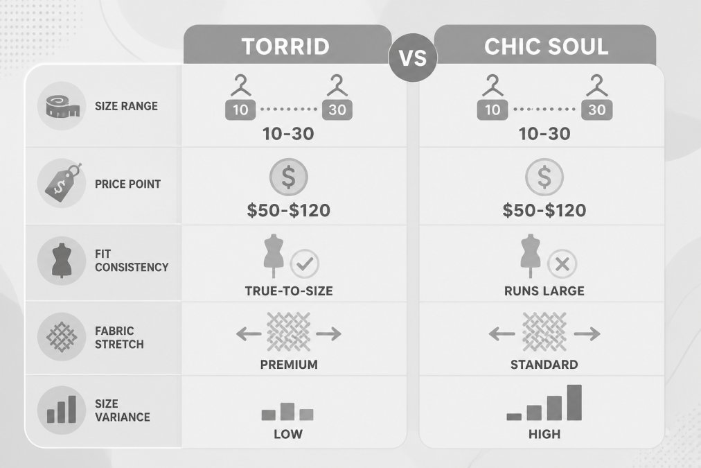 Visual comparison chart showing torrid vs chic soul size