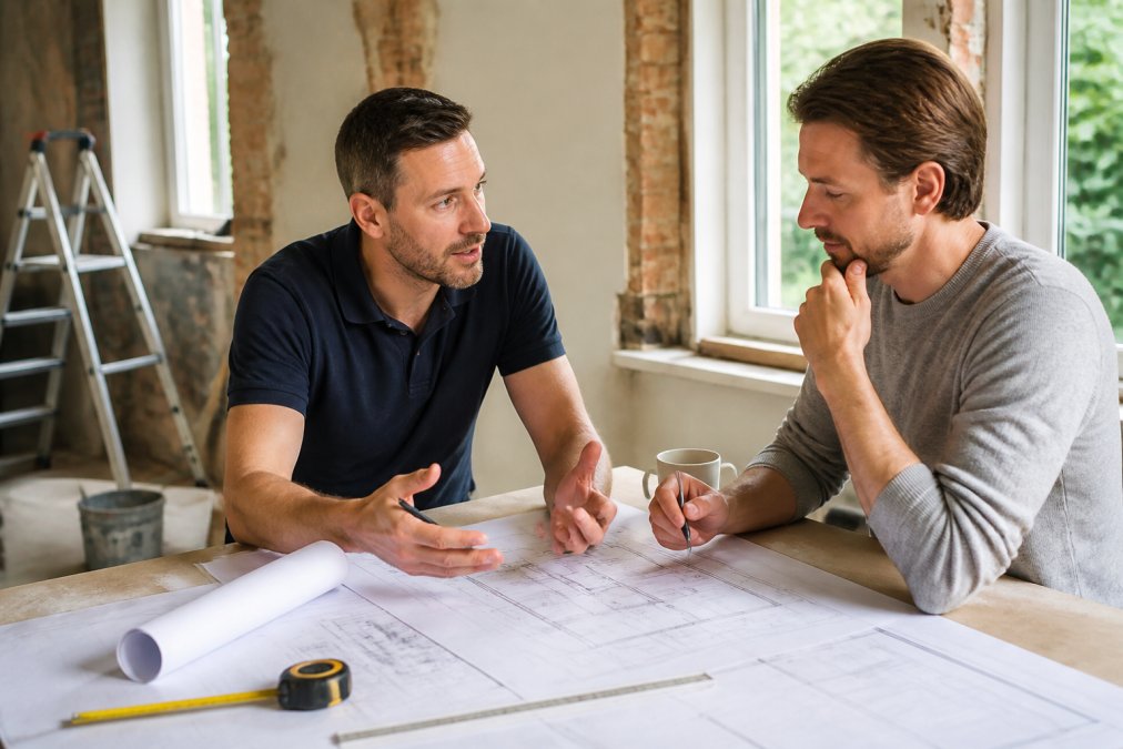 Aannemer en huiseigenaar in gesprek aan een tafel met bouwplannen, schetsen en meetinstrumenten in een helder kantoor