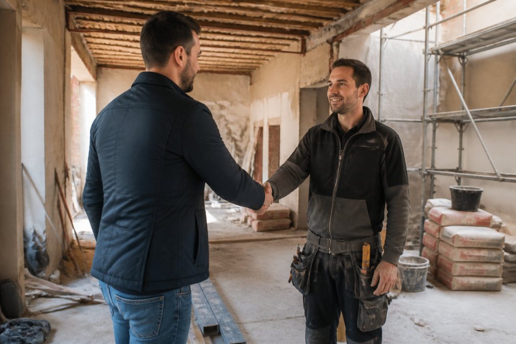 Professionele aannemer en huiseigenaar schudden handen op bouwplaats met renovatiewerk en materialen zichtbaar op achtergrond