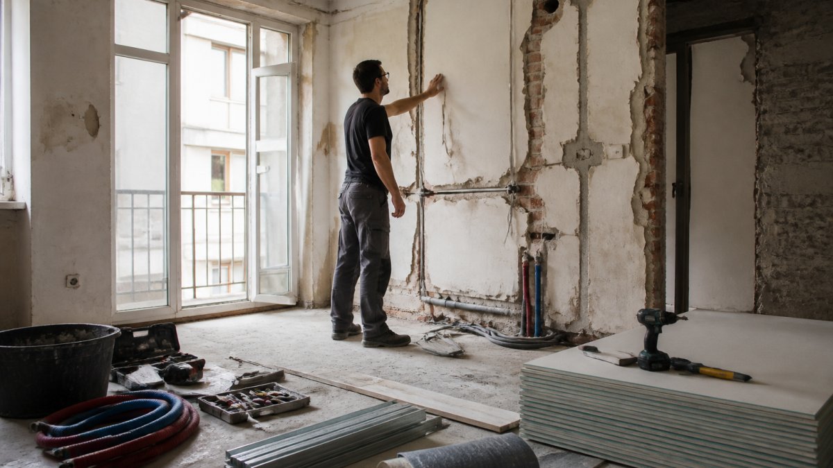 Aannemer inspecteert muren, elektriciteit en leidingwerk in een appartement onder renovatie; gereedschappen en bouwmaterialen zichtbaar op de vloer
