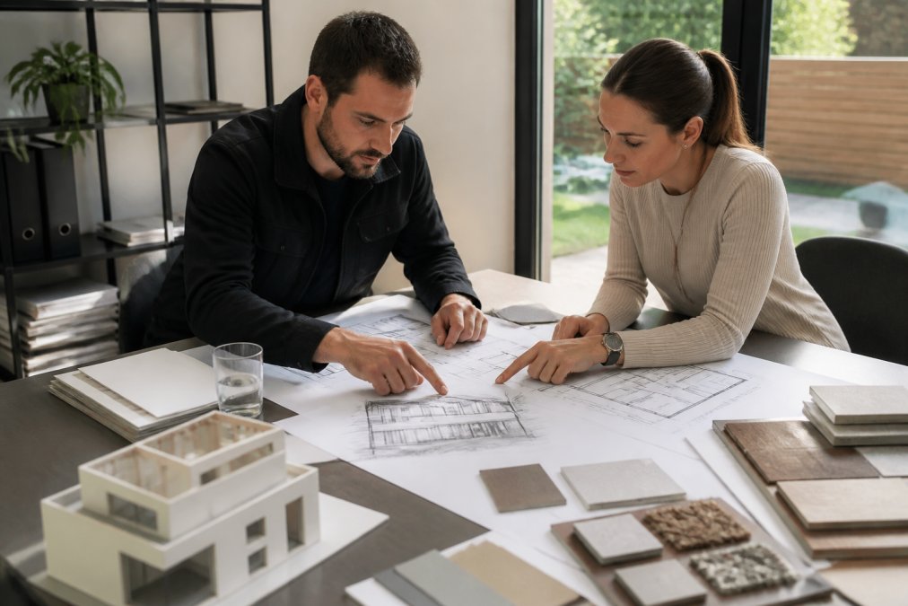 Aannemer en huiseigenaar zitten aan een tafel met bouwschetsen, maquettes en kleurstalen, beide wijzend naar details van het ontwerp terwijl ze samenwerken in een helder kantoor