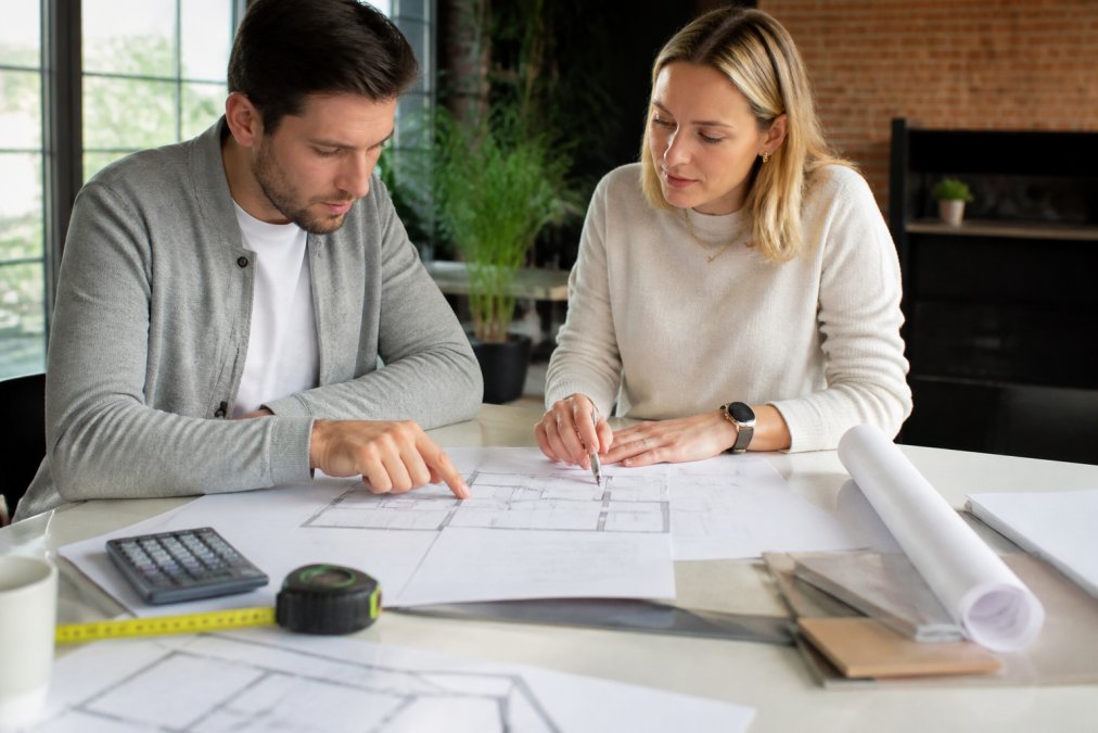 Professionele aannemer en huiseigenaar bekijken bouwplannen en offertes op een tafel met meetapparatuur en calculator in kantoor