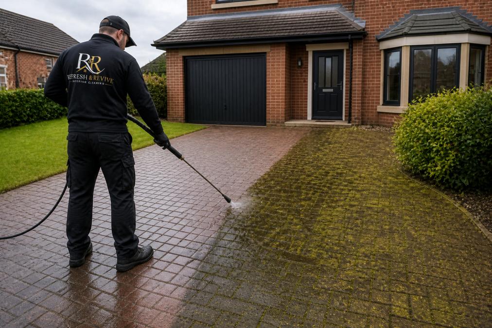 A technician in branded workwear using a low-pressure soft wash lance on a mossy driveway at a suburban home in North West England, with a clean section of paving visible behind the treated area