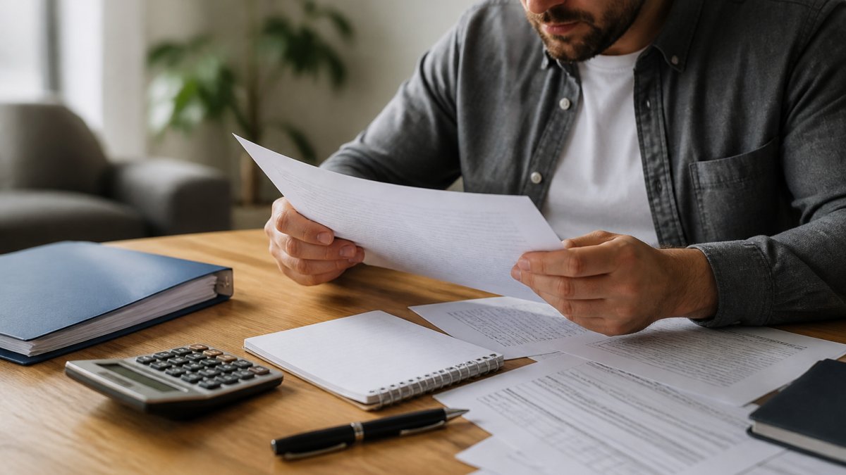 Person reviewing insurance claim documents and calculating total loss settlements gap insurance paperwork at a desk