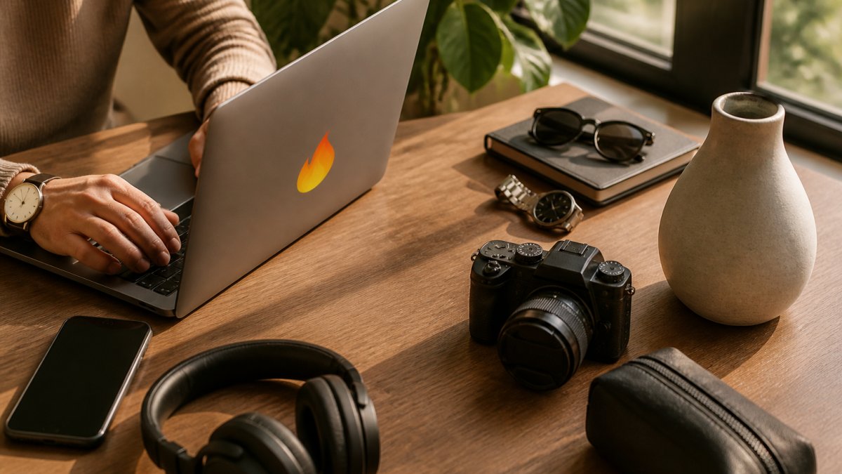 A person browsing a curated online store on a laptop at a wooden desk, with stylish tech accessories and a small ceramic vase arranged nearby in warm afternoon light