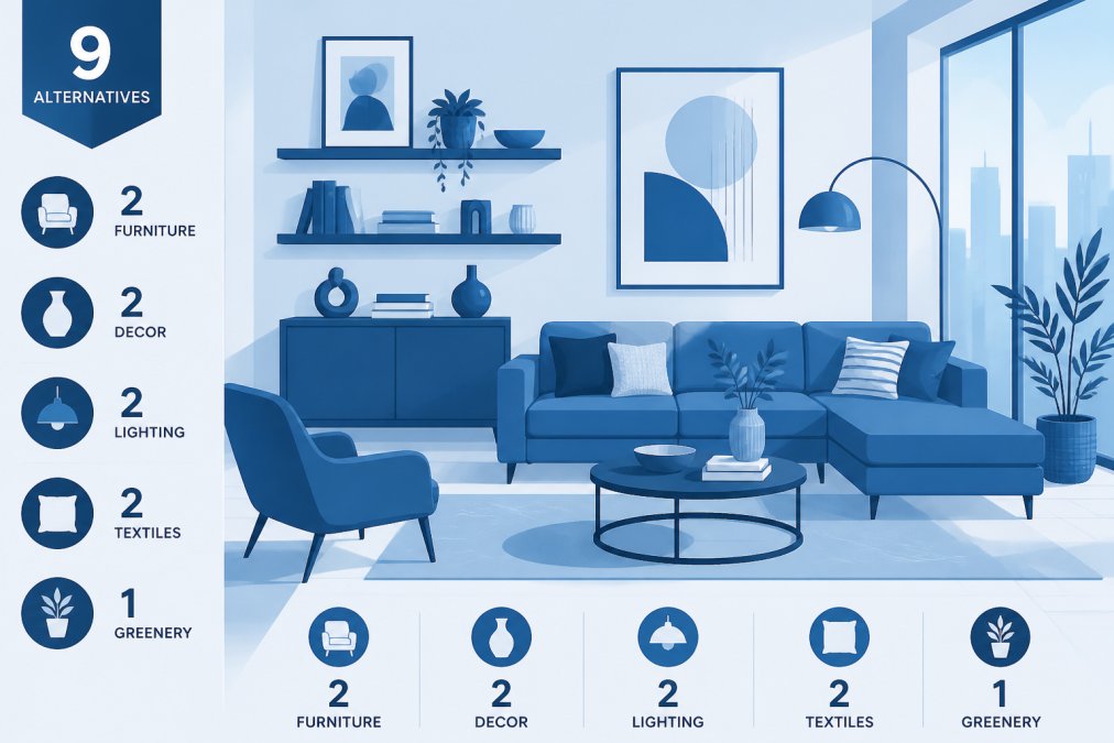 Modern apartment living room with contemporary furniture arranged thoughtfully, showing minimalist shelving, a statement sofa, and carefully selected accessories that work together cohesively, natural afternoon light from large windows