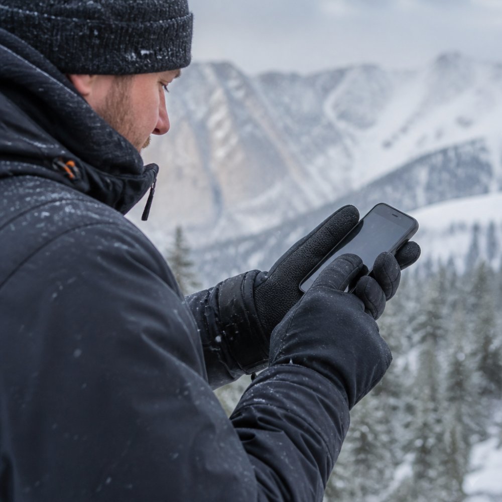 Person using a smartphone outdoors in winter while wearing black touchscreen compatible gloves with snow falling.