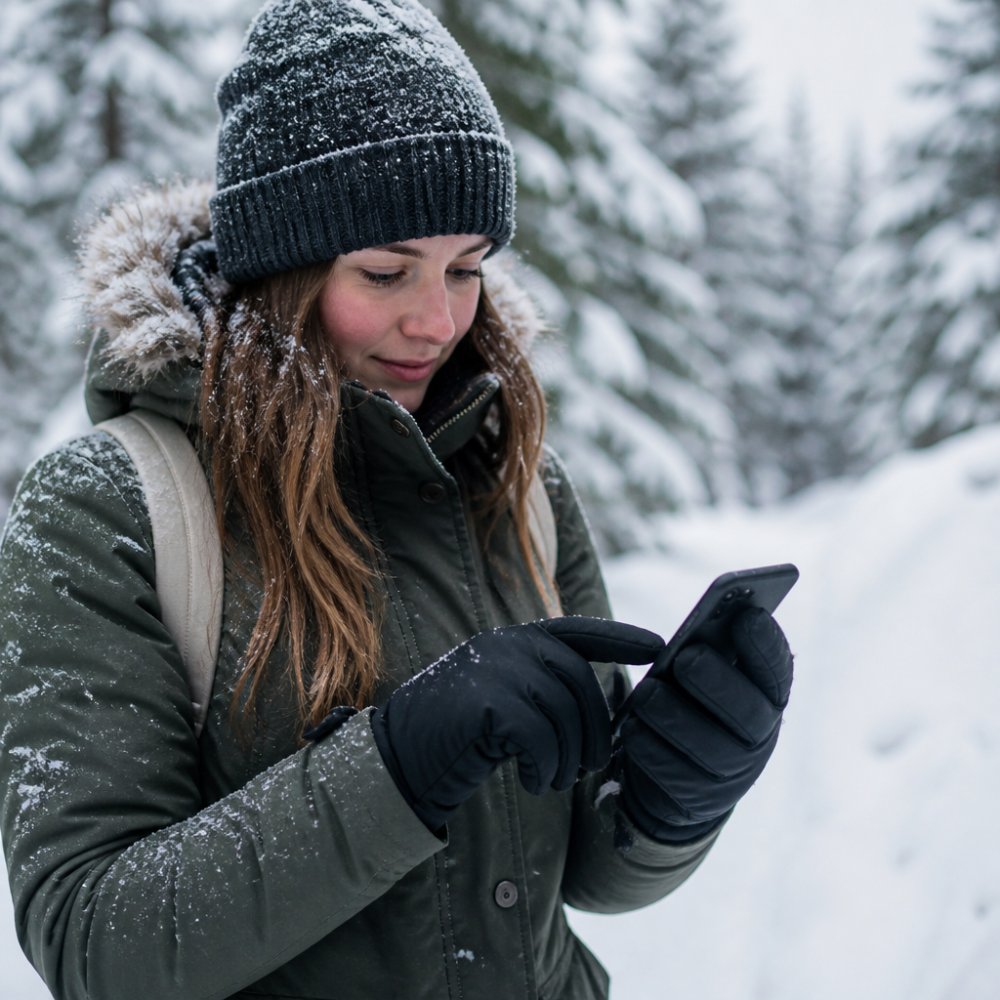 Close-up of a person wearing black heated gloves using a smartphone touchscreen outdoors in cold winter weather, with snow-covered trees in the background