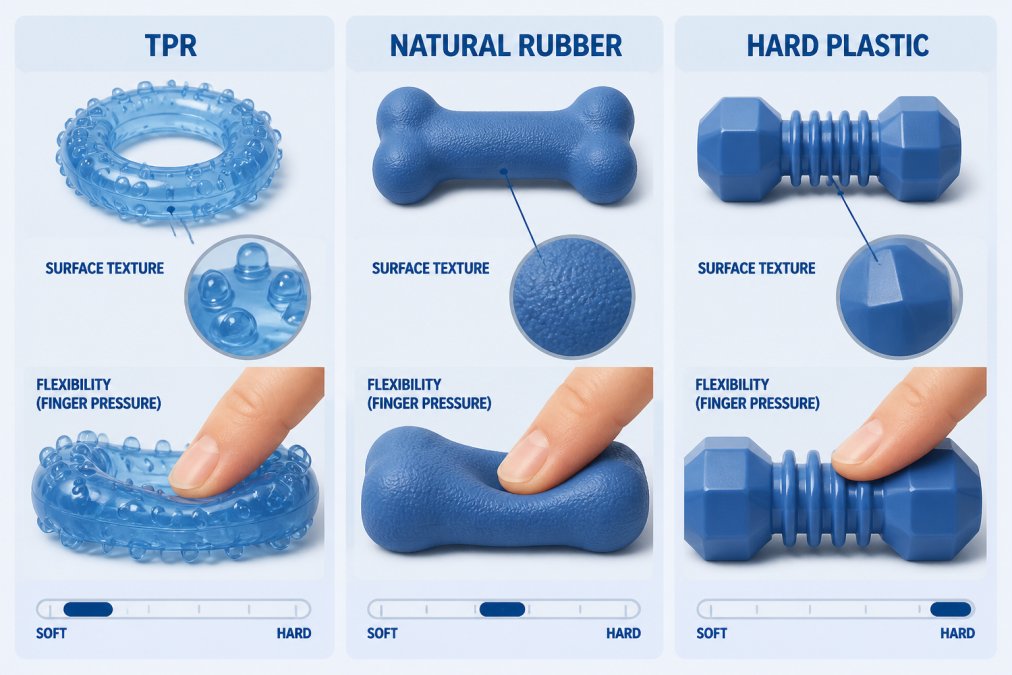 Side-by-side comparison of three chew toy materials (TPR, natural rubber, hard plastic) showing surface texture and flexibility under finger pressure