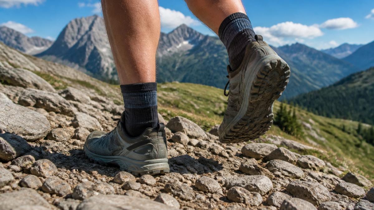 Trail runner's feet in motion on rocky terrain during a training run, showing proper foot placement and sock fit on a mountain trail with natural sunlight