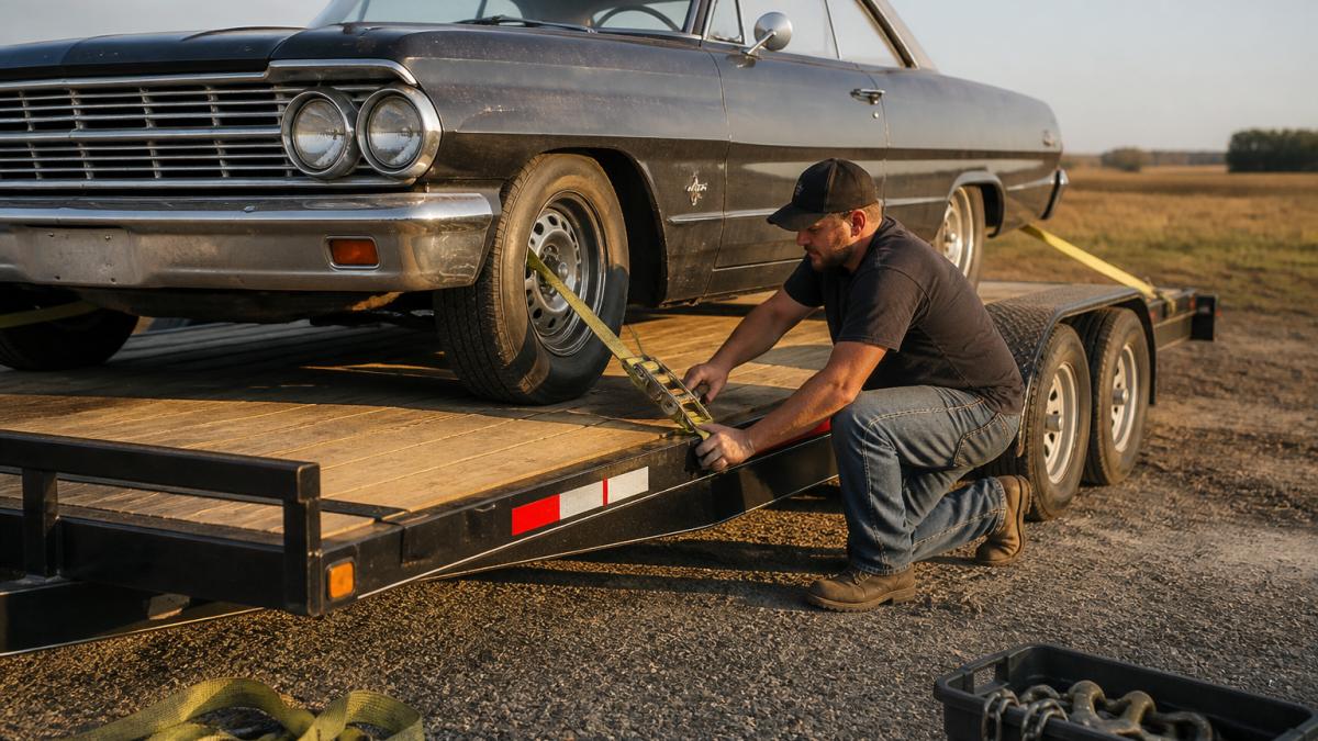 A person crouching beside a classic car on a flatbed car hauler trailer, tightening a ratchet strap to a wheel tie-down point, with four straps running to the trailer corners in late afternoon light