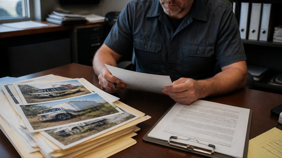 Property manager or business owner reviewing documentation, notice letter, and clipboard at desk in commercial office with file folders and vehicle photos visible