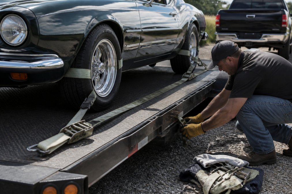A worker secures a classic car on a flatbed trailer using soft straps for towing classic cars safely.