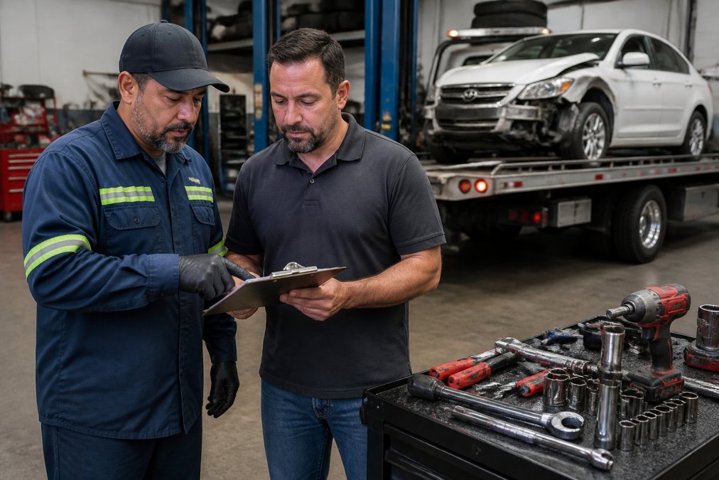 Tow truck driver and auto repair shop manager reviewing paperwork for a vehicle intake from a towing company for auto repair