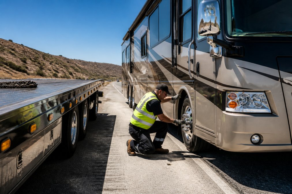 Professional tow truck operator in safety vest performing pre-tow inspection of Class A motorhome, checking tire conditions and chassis stability with flatbed trailer positioned alongside on sunny highway