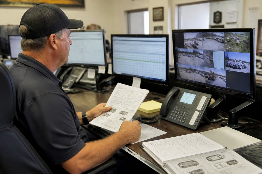 Towing company dispatcher reviewing motorhome specifications and service requirements at dispatch center with multiple monitors showing live vehicle locations and customer information