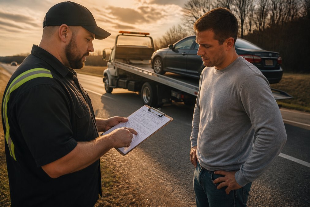 Tow truck driver reviewing service paperwork with a motorist to avoid a towing company hidden fee breakdown.