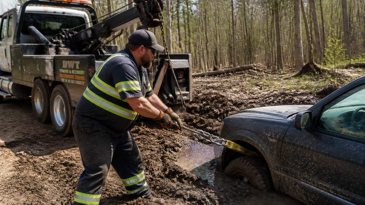 Professional tow truck operator using winch equipment to pull vehicle from muddy terrain in daylight, showing specialized recovery equipment and careful rigging technique