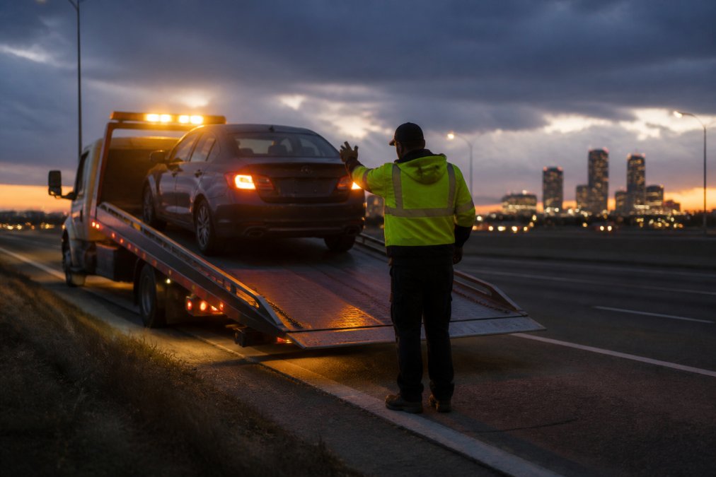 A flatbed tow truck operator in a safety vest guiding a sedan up the ramp at dusk on a Tulsa highway shoulder, hazard lights glowing, city lights in the distance