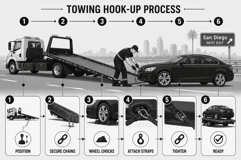 Professional tow truck operator attaching a flatbed to a sedan on the side of a San Diego freeway during daylight, showing the hook-up process and connection points