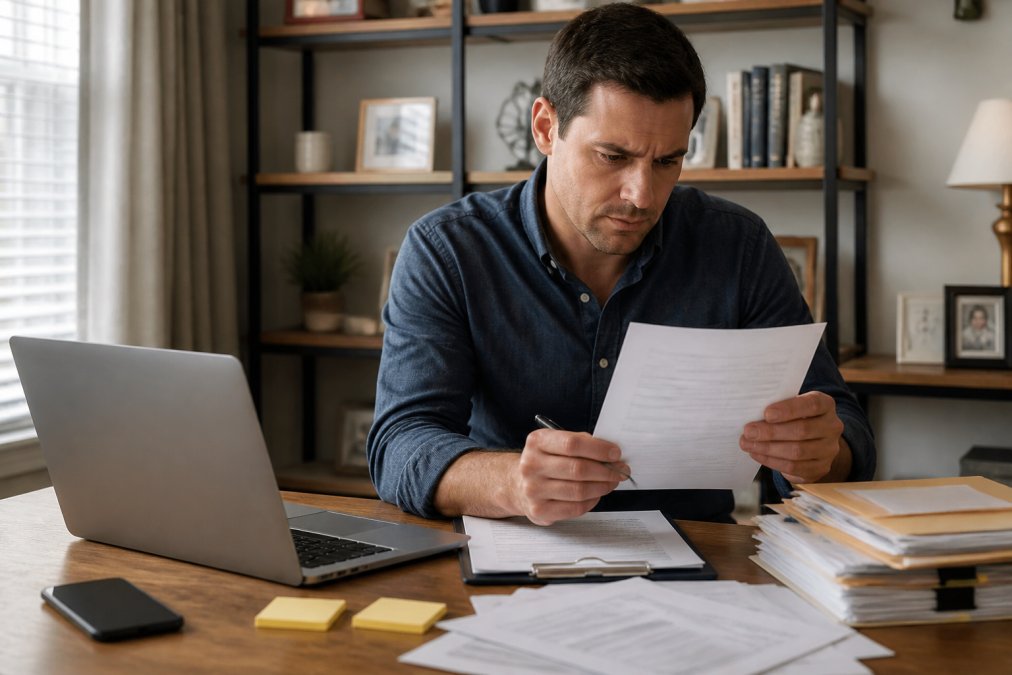Vehicle owner reviewing towing invoice and documentation at a desk with a laptop, preparing to file a formal complaint with organized documents and notes