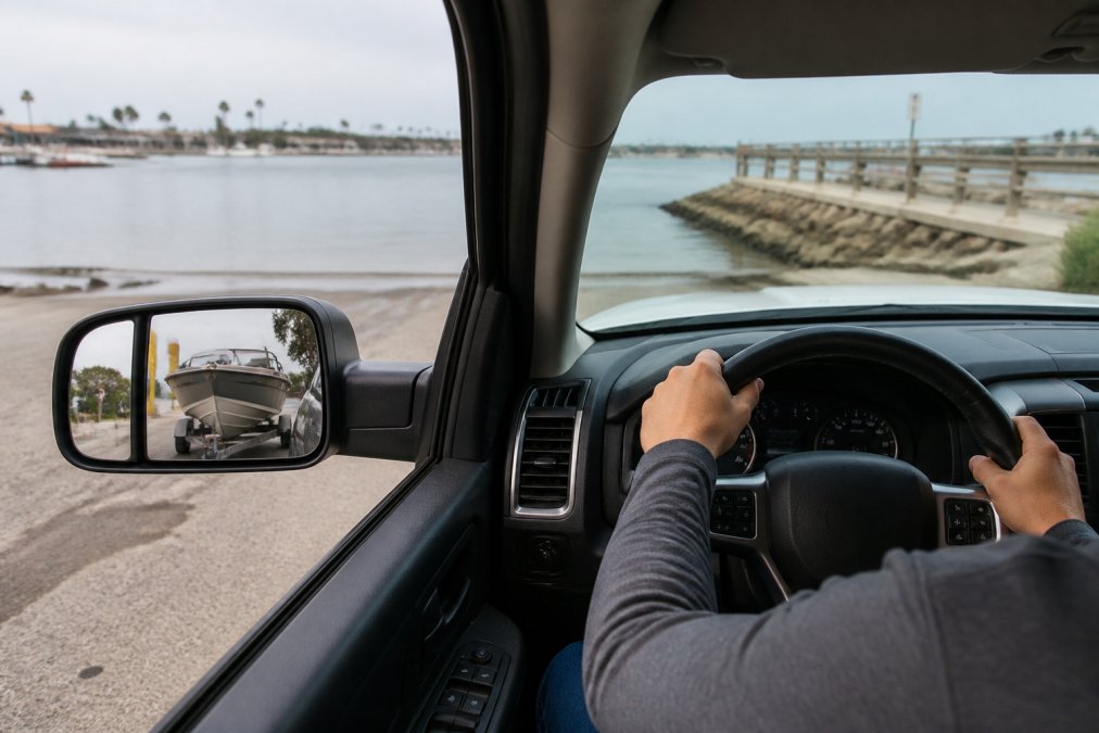 Driver backing a boat trailer toward a boat ramp, hands positioned at 9 and 3 on the steering wheel, side mirror showing clear view of trailer alignment and surrounding area