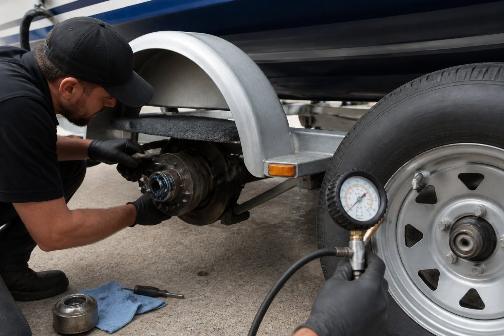 Mechanic inspecting wheel bearings and axle components on a boat trailer, using a tire pressure gauge to check inflation, with close-up view of grease fittings and bearing assembly