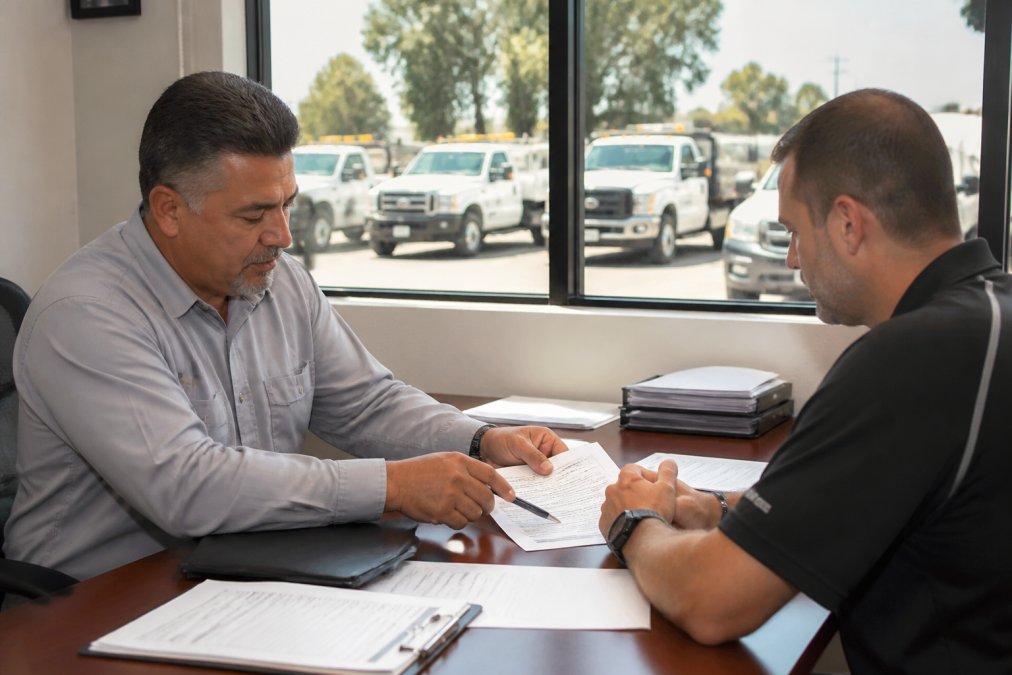 Fleet manager at desk reviewing contract and service agreement documents with professional towing service representative in modern office office setting, fleet vehicles visible through window in background