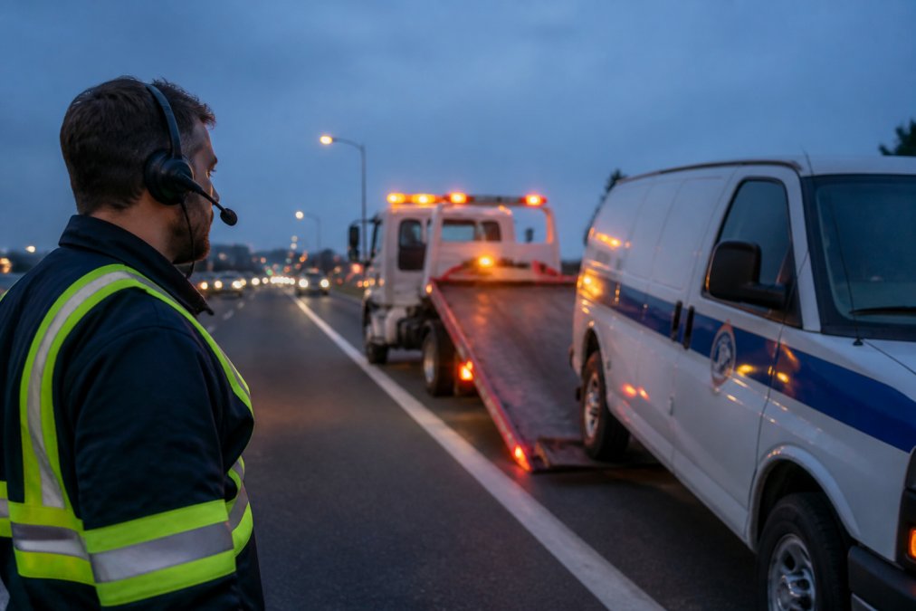 Professional tow truck driver with headset communication equipment responding to disabled city vehicle on highway at dusk, vehicle hazard lights visible, professional emergency response setting