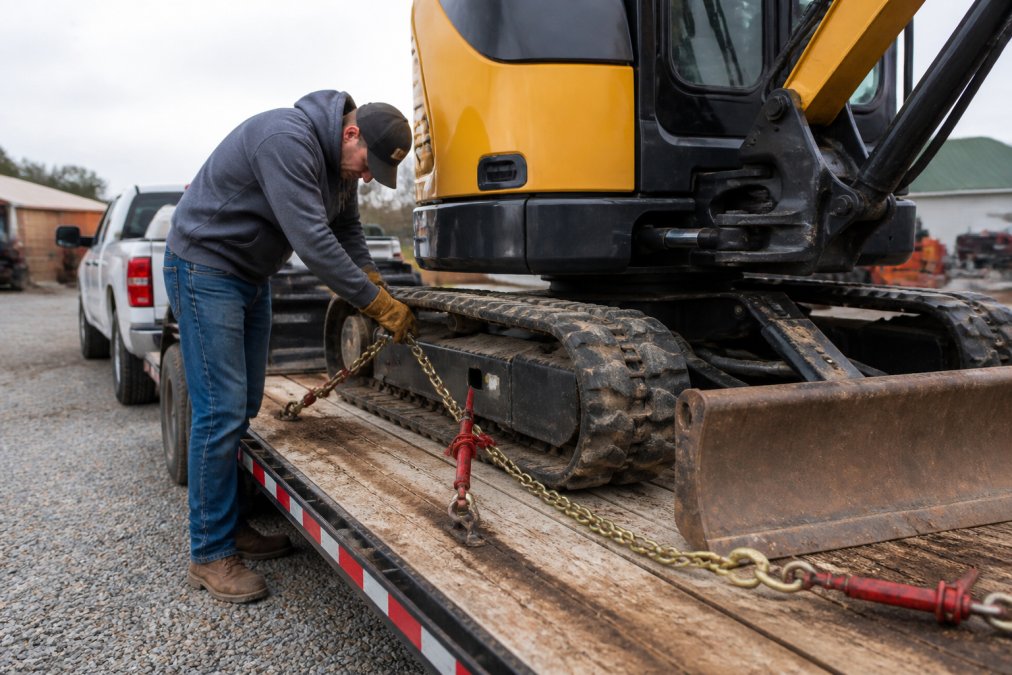 Worker using heavy-duty chains to secure a compact excavator while towing heavy equipment on a flatbed trailer