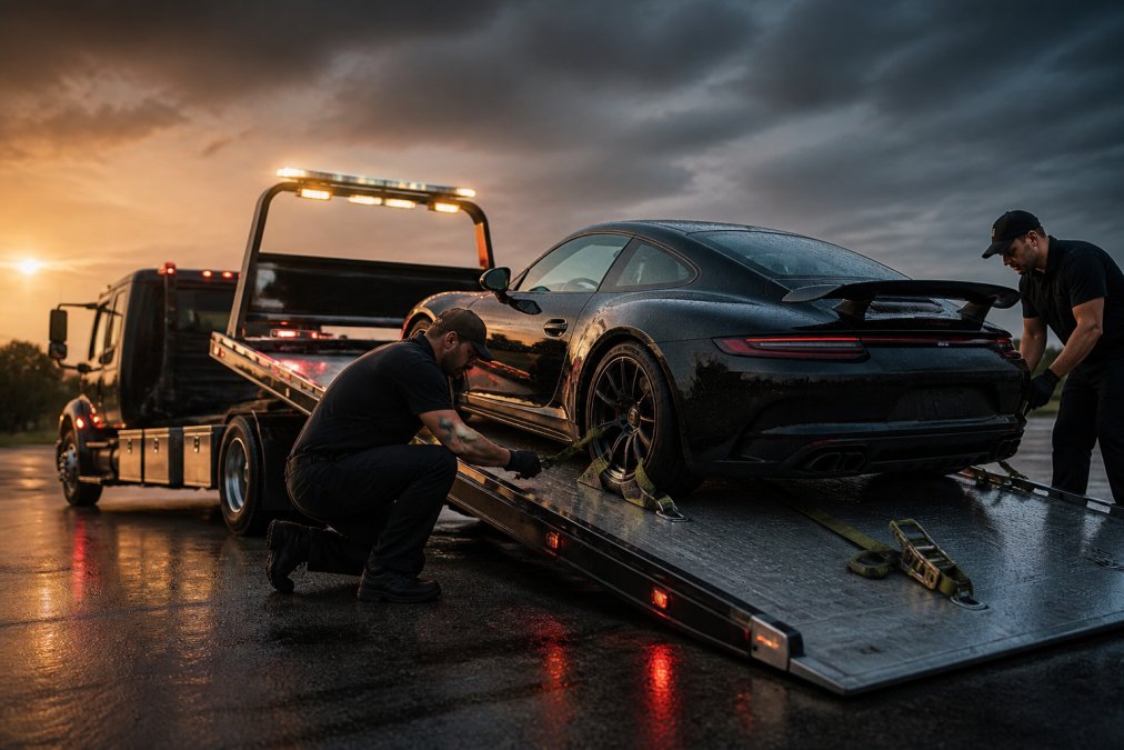 Professional flatbed tow truck with hydraulic bed fully lowered and extended ramps, showing a lowered sports car being carefully loaded with soft straps and protective padding securing the wheels and frame