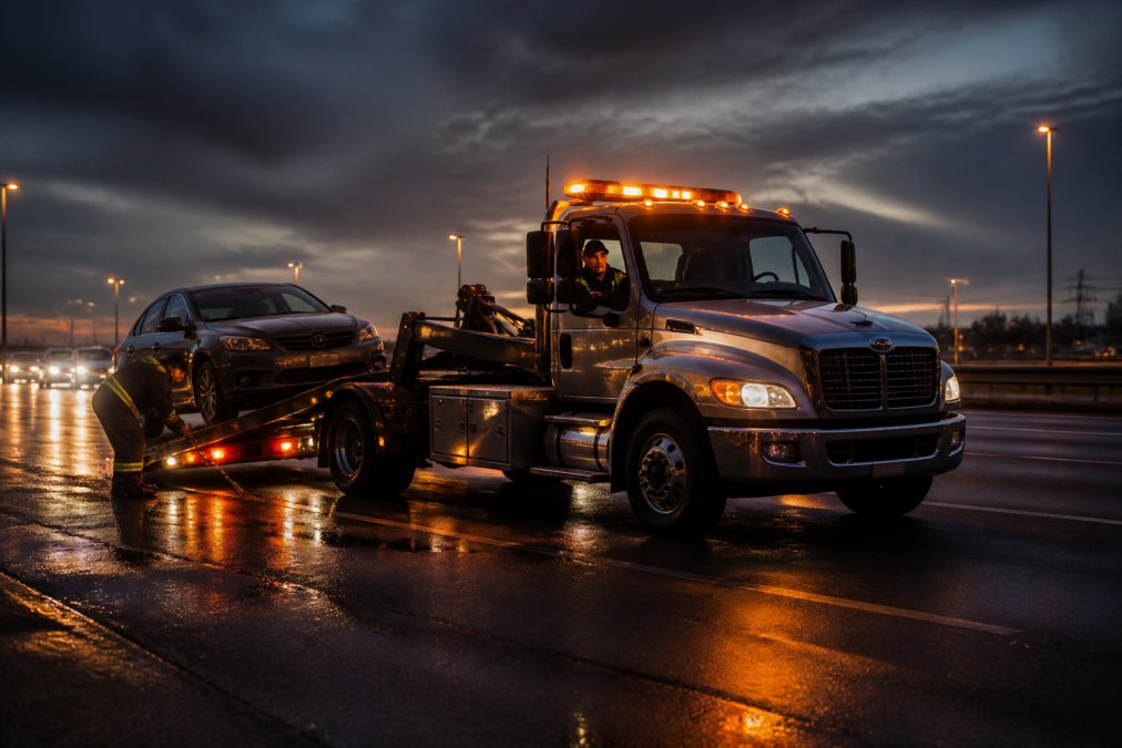 Tow truck with emergency lights responding at dusk on a Tulsa highway, driver visible securing a vehicle with proper equipment and straps