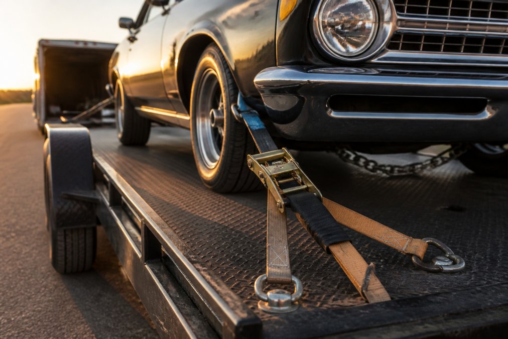 Close-up of heavy-duty ratchet straps attached to the frame of a classic car on a flatbed trailer, safety chains visible in the background, late afternoon light